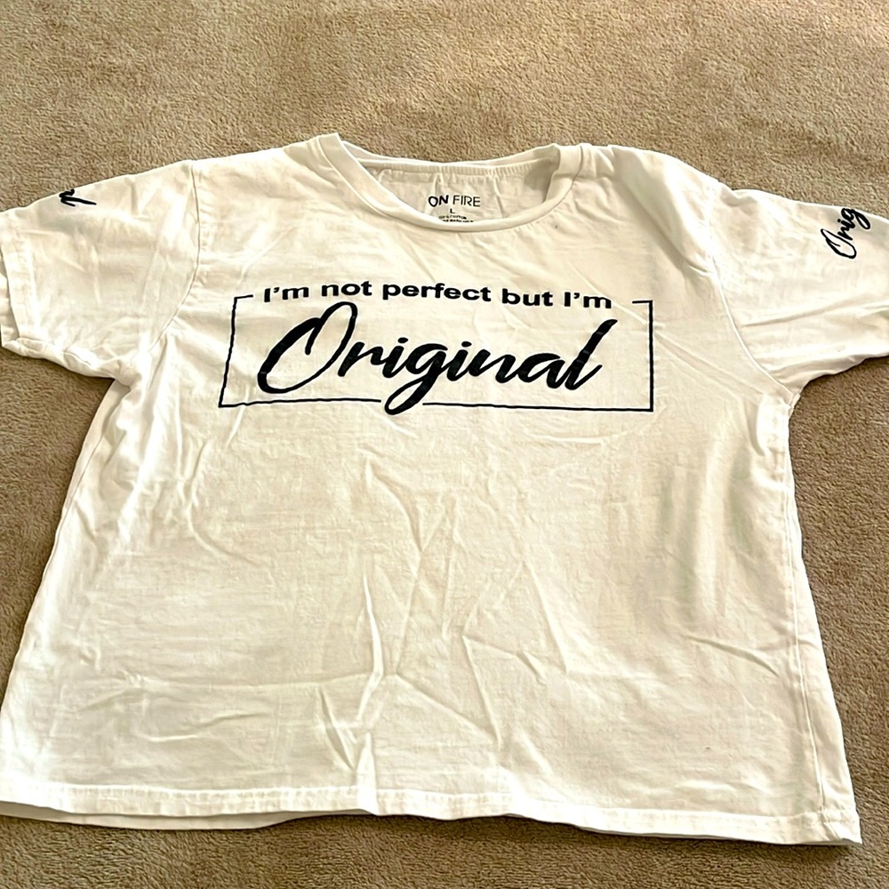 White tshirt with saying size large